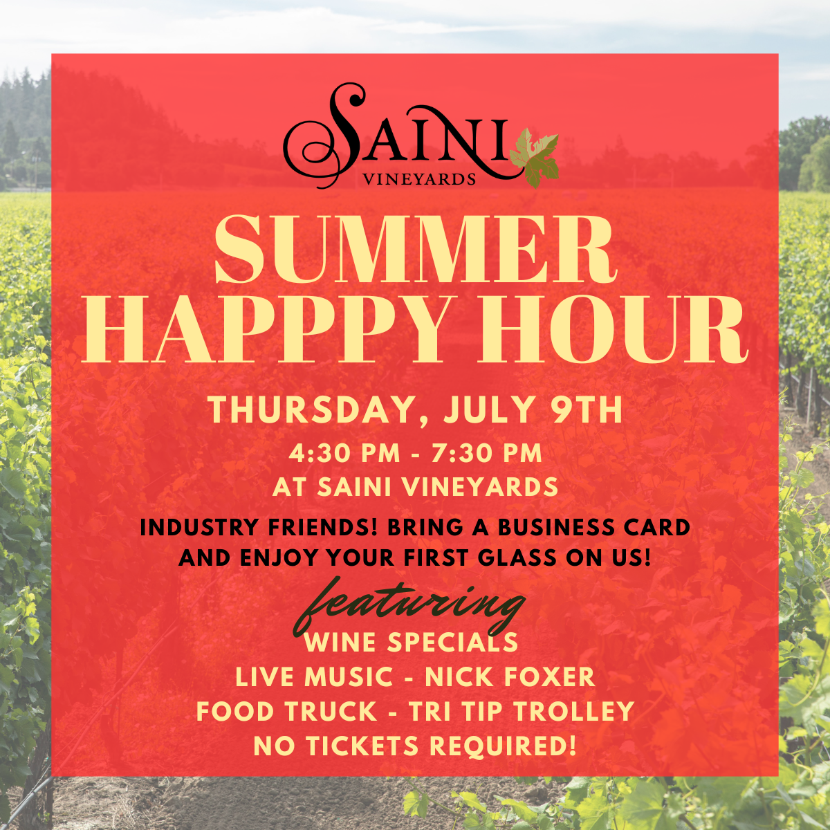 Saini Vineyards summer event poster with wine, music, and food truck details.